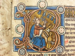 King David playing hanging bells (Smith College, MS 291, f. 7)