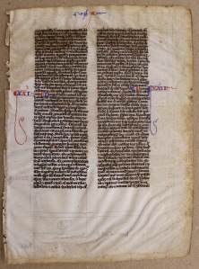 Leaf from a Bible in Latin, ca 1250. Archives and Special Collections, Maureen and Mike Mansfield Library, University of Montana-Missoula (224.147 B58228L), recto 