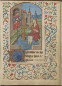 David admiring Bathsheba's bare calves (somehow I think the Spanish Forger would have handled this moment differently) (UC Berkeley, Bancroft MS 131, f. 141)