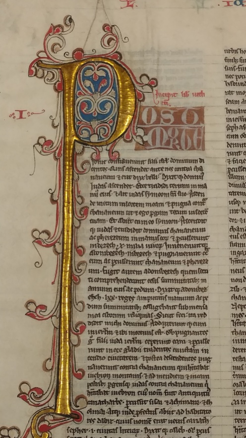 A detail of a leaf from a thirteenth-century English manuscript known as the Cambridge Bible (FOL 6, private collection)